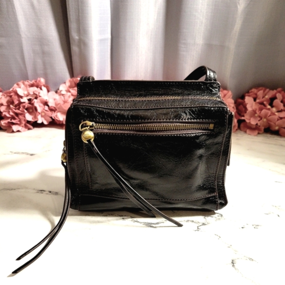 HOBO Shiny Black Leather With Contrast Stitching Shoulder & Crossbody Bag